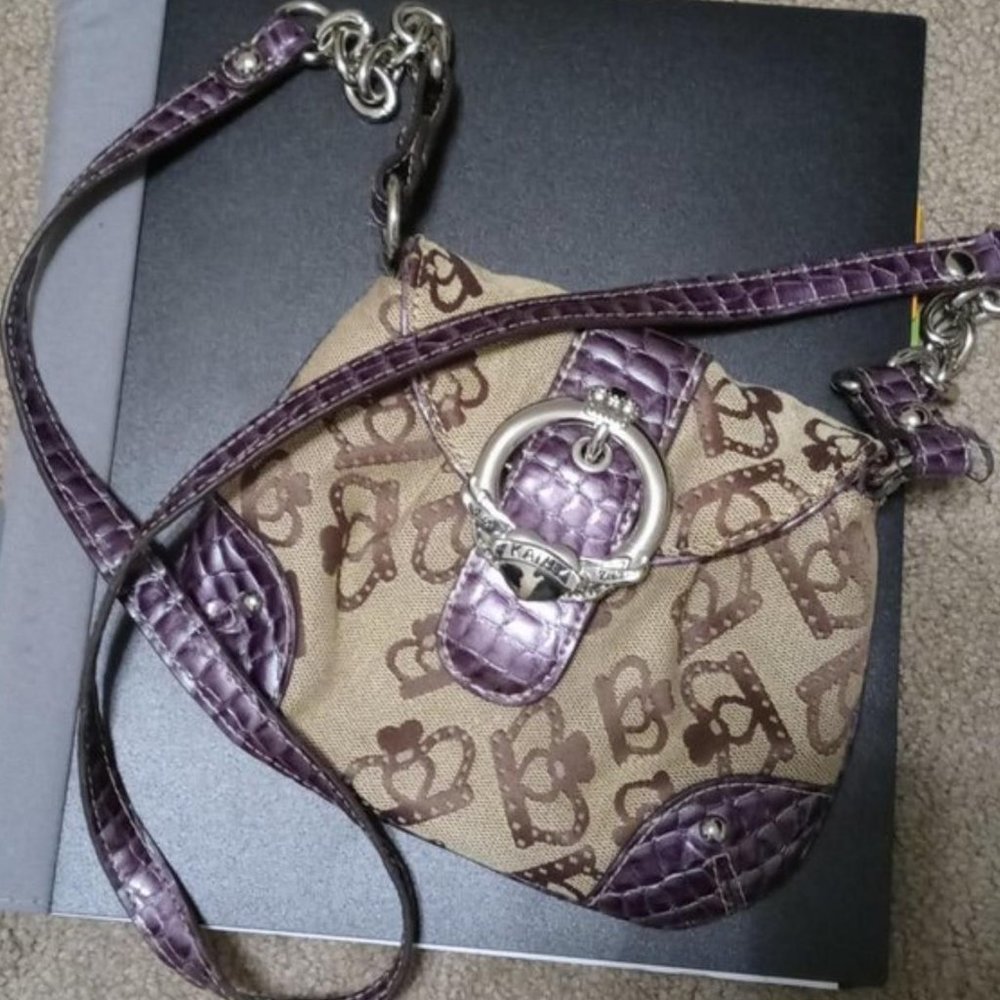 Vintage 2000's / Y2K Tan, Purple & Brown Crown Canvas / Faux Leather Crossbody